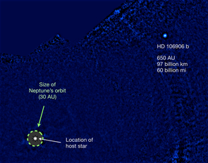 This is a discovery image of planet HD 106906 b in thermal infrared light from MagAO/Clio2, processed to remove the bright light from its host star, HD 106906 A. The planet is more than 20 times farther away from its star than Neptune is from our Sun. AU stands for Astronomical Unit, the average distance of the Earth and the Sun. (Image: Vanessa Bailey)
